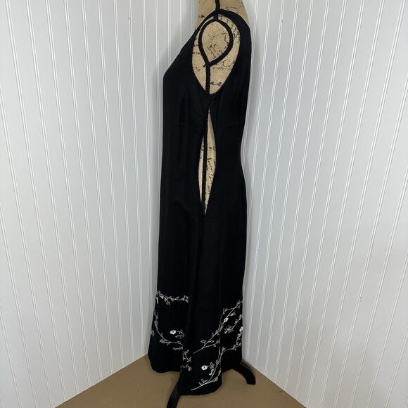 Vintage Kenar Maxi Dress Sz 10 Linen Blend Black Floral Embroidered Hem Fall - Picture 3 of 16